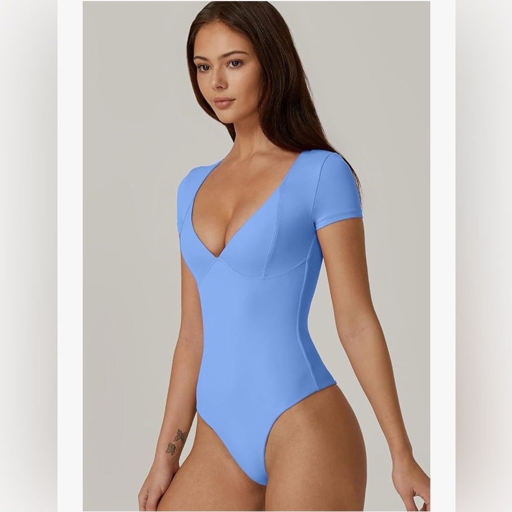 V Neck Short Sleeve Seamed Cup Going Out Top / Bodysuit - sky blue